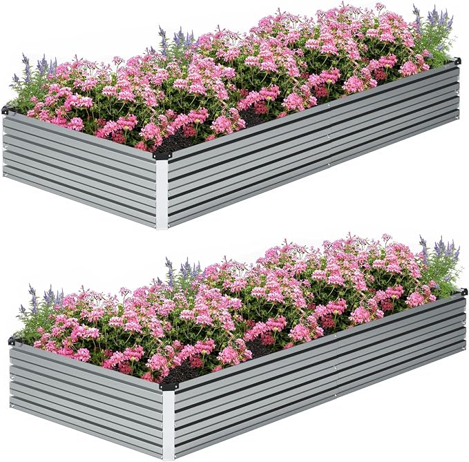 2PCS 8x2x1ft Galvanized Raised Garden Bed Kit,Gardening Planter Box | Outdoor Elevated Metal Planter Box For Vegetables, Flowers, Herbs, Anti-Rust Galvanized Steel, Open Drainage, Sturdy (Silver)