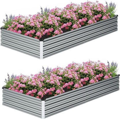 2PCS 8x2x1ft Galvanized Raised Garden Bed Kit,Gardening Planter Box | Outdoor Elevated Metal Planter Box For Vegetables, Flowers, Herbs, Anti-Rust Galvanized Steel, Open Drainage, Sturdy (Silver)