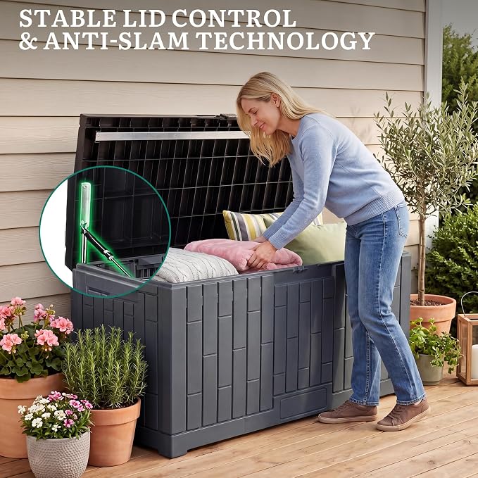 YITAHOME 120 Gallon Outdoor Storage Deck Box | Large Resin Patio Storage Box with Slide-Locking Lid, 53"L 2-Person Bench Seat for Outdoor Pillows, Garden Tools &