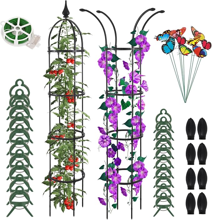 WellSign 2Pack Obelisk Trellis for Climbing Plants Outdoor 6.6ft, Garden Tower Trellis for Potted Plants Indoor with Twist Tie, Clips and Butterflies Rustproof Coated Metal Support for Vines Rose