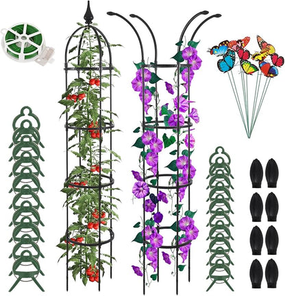 WellSign 2Pack Obelisk Trellis for Climbing Plants Outdoor 6.6ft, Garden Tower Trellis for Potted Plants Indoor with Twist Tie, Clips and Butterflies Rustproof Coated Metal Support for Vines Rose