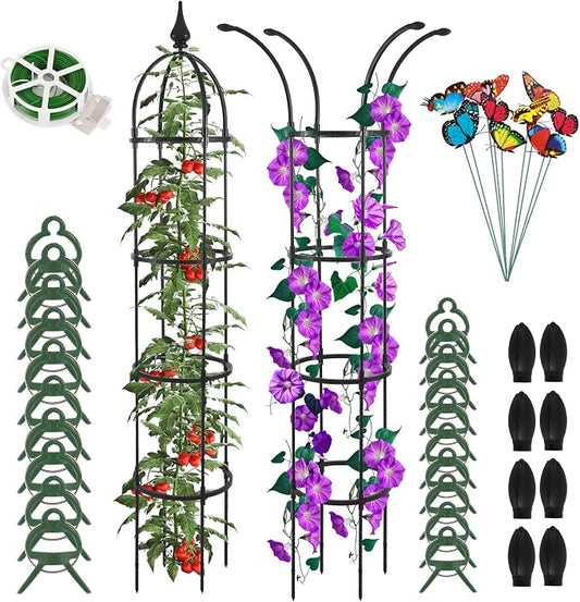 WellSign 2Pack Obelisk Trellis for Climbing Plants Outdoor 6.6ft, Garden Tower Trellis for Potted Plants Indoor with Twist Tie, Clips and Butterflies Rustproof Coated Metal Support for Vines Rose