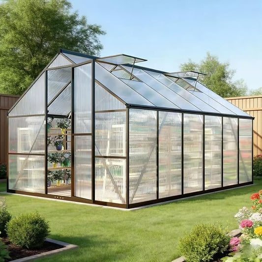8x12 FT Greenhouses for Outdoors, Polycarbonate Greenhouse with PC Panels, Greenhouses for Outdoors for Yard, Garden, Hobby, Charcoal Black