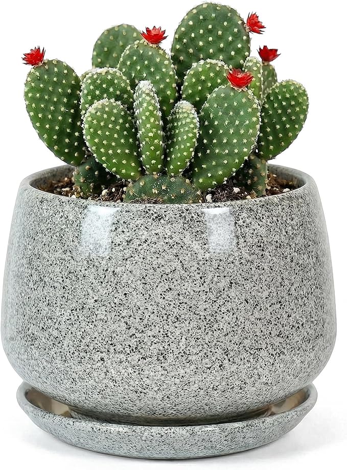7.5 Inch Flower pots for Indoor Outdoor Plants with Saucer Drainage Leak-Proof Mesh, Ceramic Planter with Gardening Gloves for Succulent and Flower(Gray White)