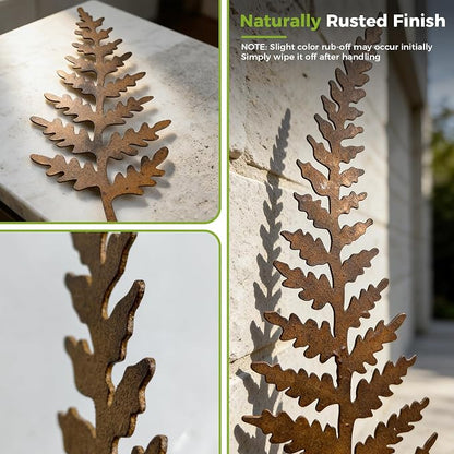 KODIBO 7-Pack Decorative Metal Garden Stakes, Rustic Fern Outdoor Yard Art | Weather-Resistant Metal, Vintage Rust Finish, Mixed Size Fern Stakes, Wall Decor, Yard Ornaments, Gifts for Garden Lovers