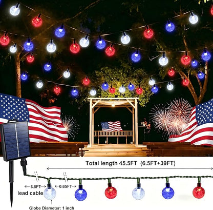 Joomer Red White Blue Solar String Lights,39FT 60LED 4th of July Decor | with 8 Lighting Modes Waterproof, Solar Powered Fairy Lights for Independence Day Yard Gazebo BBQ Patriotic Party Decorations
