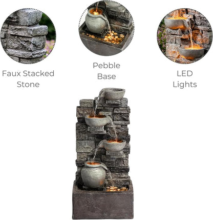 Teamson Home 28.5" Outdoor 4-Tier Stacked Stone Cascading Water Fountain with LED Lights, Gray | LED Lights, Faux Stacked Stone Look, Weather-Resistant Polyresin, Waterfall Decor for Garden, Patio, Backyard