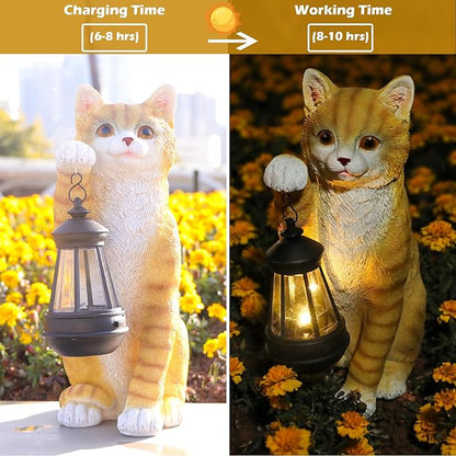 WONDER GARDEN Solar Cat Garden Statue - Outdoor Cat Statues, Orange Cat Figurines with Solar Lantern Light for Patio, Yard, Lawn, Gardening Gifts for Women and Mom(11" Orange Cat)