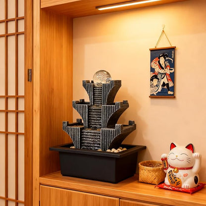 Tabletop Waterfalls Mountain with Pagoda Stepped & Spining Orb, Indoor Soothing Zen Fountain s for Home Office Relaxation