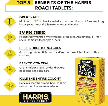 Harris Roach Tablets, Boric Acid Roach Killer with Lure for Insects (4oz, 96 Tablets)
