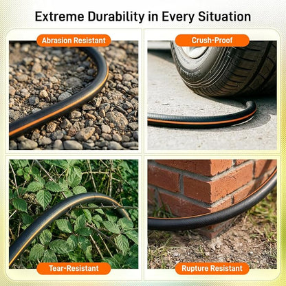 Garden Hose, 25ft 5/8" Heavy Duty Rubber Water Hose, 550 PSI Burst, 360° Anti-Kink Swivel Connectors, All-Weather Flexible, Leakproof 3/4" Brass Male to Female Fittings