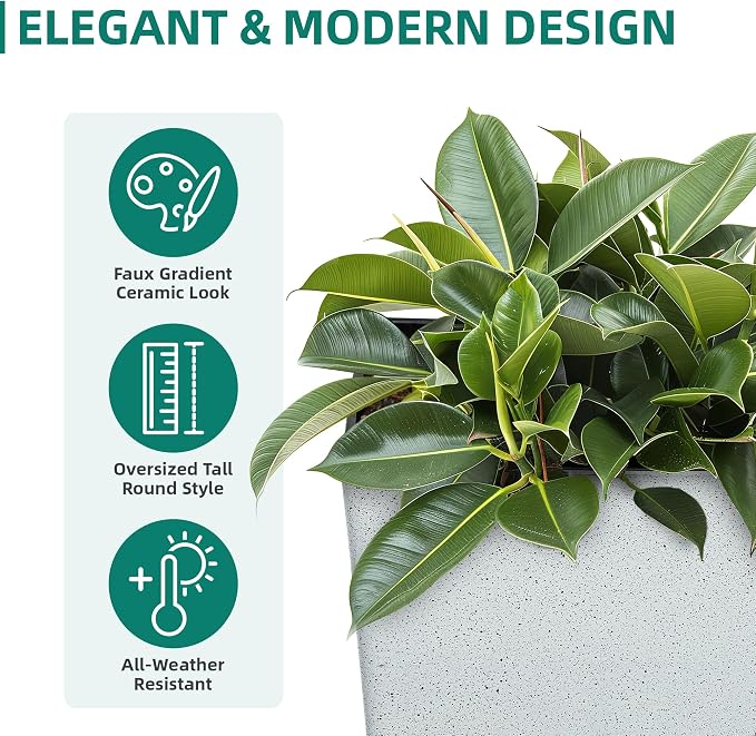2-Pack 28" White Terrazzo Tall Tapered Planters with Drainage Holes | Set of 2 PP tall planters with white terrazzo finish, drainage plugs, and UV-treated surface for porch, patio, or indoors
