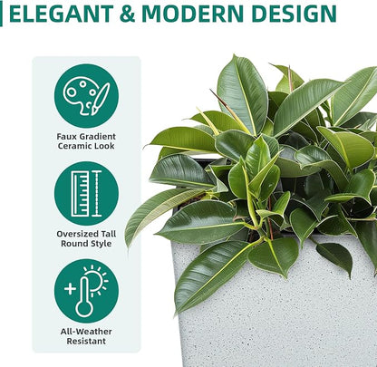 2-Pack 28" White Terrazzo Tall Tapered Planters with Drainage Holes | Set of 2 PP tall planters with white terrazzo finish, drainage plugs, and UV-treated surface for porch, patio, or indoors