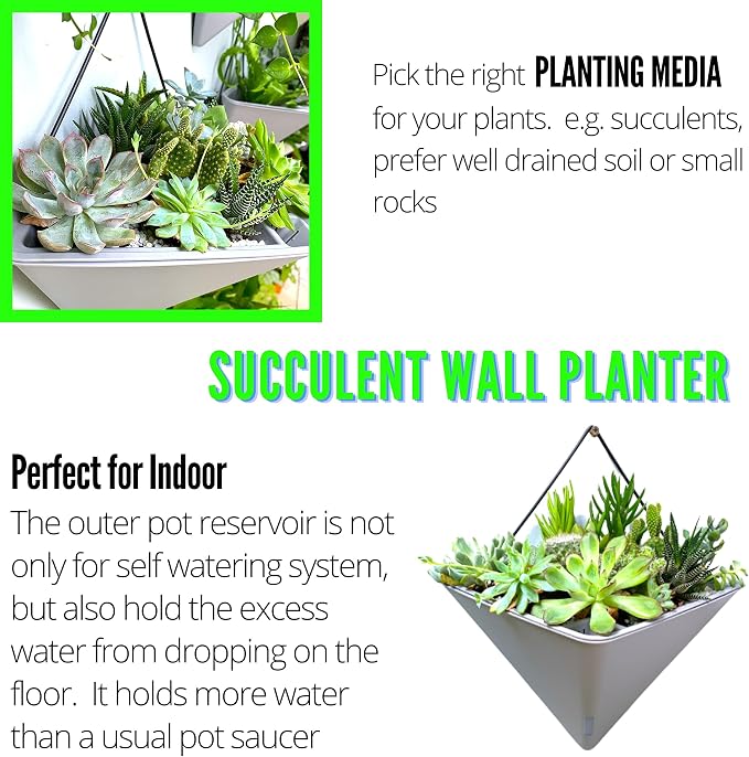 LaLaGreen Wall Planter (12in, 4 Pack) Large Indoor Self Watering Flower Pot | White and Gray Mixed Color Geometric Vertical Garden Plant Wall Hanging Vase Vessel with Black Metal Hanger Modern Stylish
