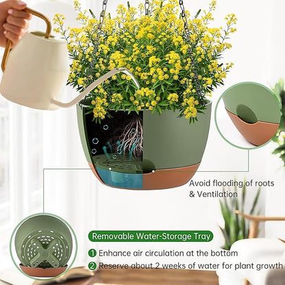 Set of 2 Hanging Planters for Indoor Outdoor Plants, 10 Inch Self-Watering Hanging Flower Pots with Drainage Hole & Removable Water-Storage Tray (Hooks)