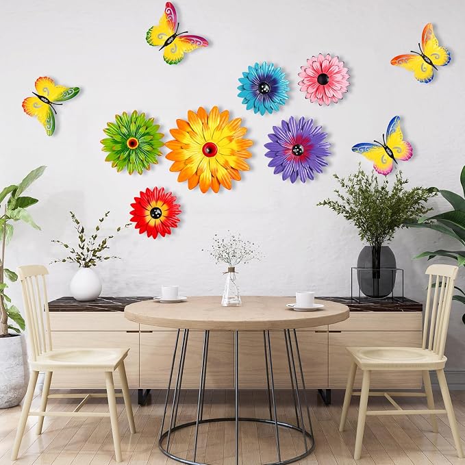 Gisafai 10 Pack Metal Flower Wall Decor Outdoor, 3D Daisy and Butterfly Metal Garden Wall Art, Colorful Fence Decorations for Patio Backyard Balcony Porch, Summer Housewarming Gift(Fashion)