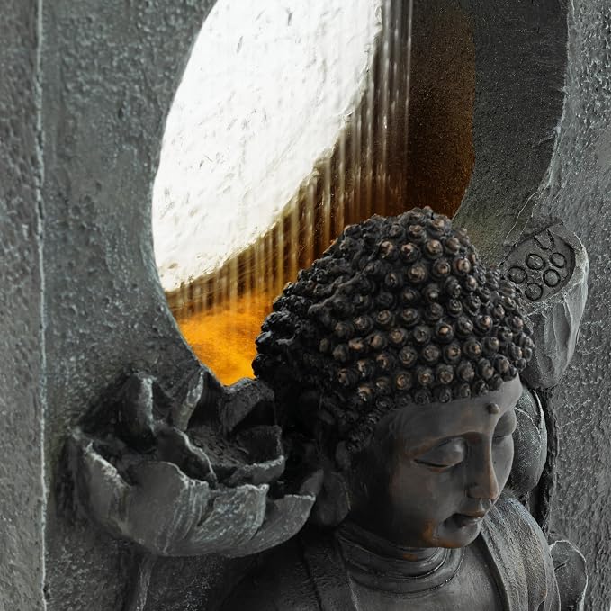 28" H Outdoor Buddha Waterfall Fountain, Freestanding Zen Style LED Water Feature with Relaxing Cascading Flow, Resin Asian Decor for Patio Garden Backyard Deck Home