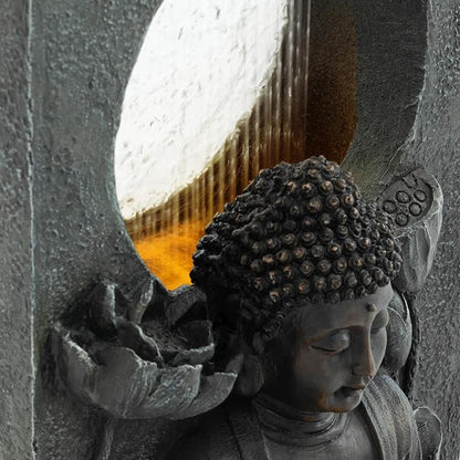 28" H Outdoor Buddha Waterfall Fountain, Freestanding Zen Style LED Water Feature with Relaxing Cascading Flow, Resin Asian Decor for Patio Garden Backyard Deck Home