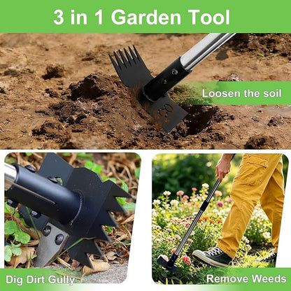 Weed Puller Tool 3 in 1 Garden Hoe & Rake, Heavy Duty Weeding Tool with Stainless Steel Long Handle, Weeder Remover Tool for Garden Yard Lawn Patio Farm, Digging, Edging