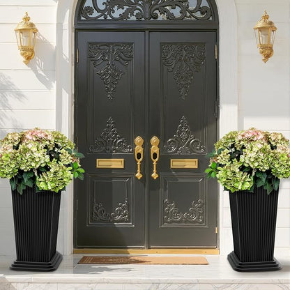 FENCY Set of 2 Tall Planters for Outdoor Plants, Black Ribbed | 24 Inch, with Drainage Hole & Trays, Plastic Tapered Pots, Weather-Resistant, Front Door Decor