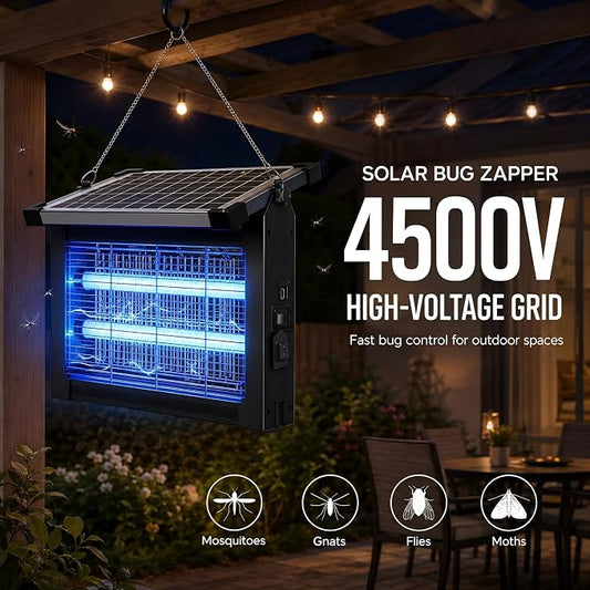 Solar Bug Zapper Outdoor Waterproof, 4500V Cordless Mosquito Zapper | USB-C rechargeable, solar powered with auto light sensor, hanging or stake use for patio, garden, backyard, camping, garage