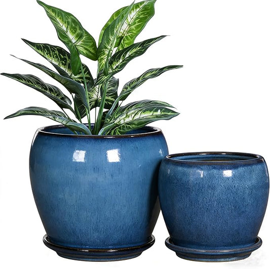 GnFlus Blue Ceramic Planter Pots with Drainage Holes, 5 Inch + 4 Inch Set of 2, Flower Plants Pot with Saucers Tray Planter Garden Pot for Succulent Cactus Home Decoration Gift Indoor Outdoor