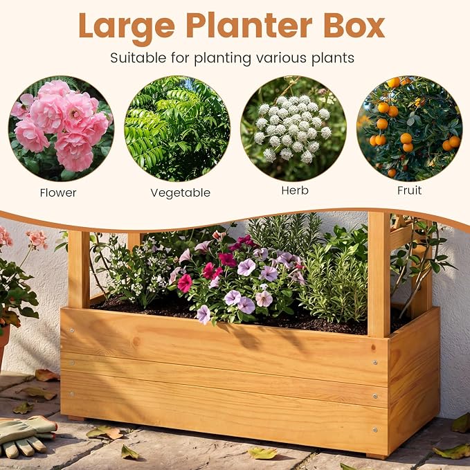 Happygrill 60" Raised Garden Bed with Trellis, 2 Pack Wood Planter Box w/Hanging Roof, 2 Side Trellises, Open-Ended Base for Flower, Climbing Plant, Plant Container for Garden
