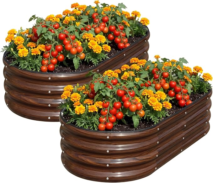 SnugNiture Galvanized Raised Garden Bed Outdoor, 2 Pcs 4x2x1ft Oval Metal Planter Box for Planting Plants Vegetables, Brown