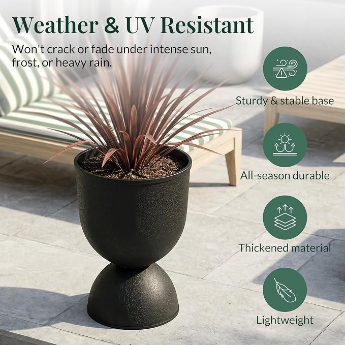 KOL Planters Flower Pots, Plastic Urn Planters for Indoor Outdoor Plants, Black Pedestal Planter Pots 2 Pack, 15 Inch Tall Decorative Planters with Drainage Holes & Plugs for Front Porch Patio Garden