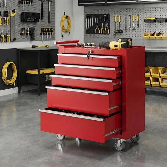 PeakPursuit 5-Drawers Rolling Tool Chest, Portable Tool Box with Wheels and Lock System, Secure Storage Cabinet for Warehouse, Workshop, and Repair Shop, Red