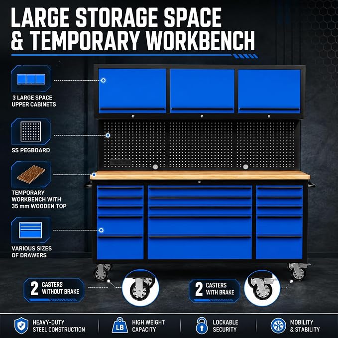 CHETTO C 72 inch Tool Chest Tool Box Mobile 15 Drawer Storage 3 Upper Cabinet Power Outlet SS-Pegboard with Wheels Lock Key Locking System Drawer Liners for Garage Warehouse Repair Shop