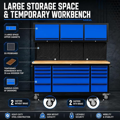 CHETTO C 72 inch Tool Chest Tool Box Mobile 15 Drawer Storage 3 Upper Cabinet Power Outlet SS-Pegboard with Wheels Lock Key Locking System Drawer Liners for Garage Warehouse Repair Shop