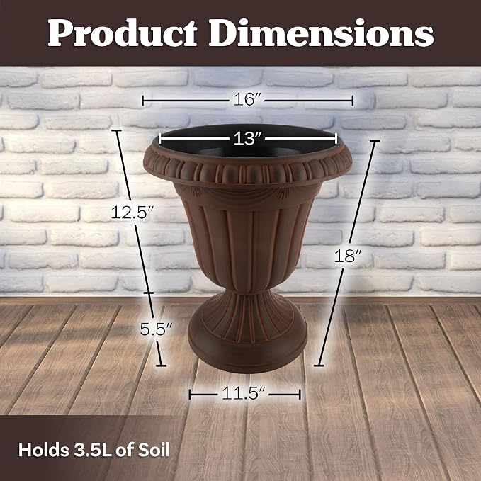 Outdoor Planter 2-Pack - 16x18-Inch Urn Planters - Plastic Plant Pots for Indoor, Outdoor, or Front Porch Decor - Flower Pots by Pure Garden (Brown)