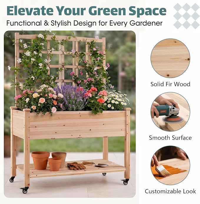 HAPPYGRILL Wooden Raised Garden Bed with Trellis, 65'' Elevated Planter Box w/Legs on Wheels, Liner & Drainage Holes for Climbing Plant Vegetable Flower, Outdoor Garden Box for Backyard Balcony (1)