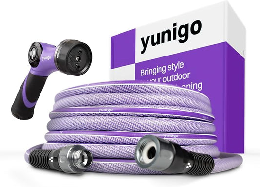 ESSENCE 5/8" 50ft Hybrid Purple Garden Hose – No-Kink Abrasion-Resistant with Durable Aluminum Fittings & Spray Nozzle, Ideal for Intensive Home & Garden Watering