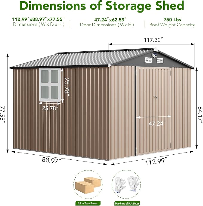 MXV 10 x 8FT Outdoor Storage Shed, Metal Garden Shed with Windows, Double Lockable Doors & Sloped Roof, Magnetic Solar Lamp, Waterproof Tool Sheds for Backyard Garden Patio Lawn, Brown