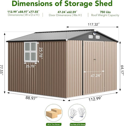MXV 10 x 8FT Outdoor Storage Shed, Metal Garden Shed with Windows, Double Lockable Doors & Sloped Roof, Magnetic Solar Lamp, Waterproof Tool Sheds for Backyard Garden Patio Lawn, Brown