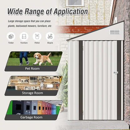 KEIKI 4' x 8' Outdoor Storage Shed with Single Hinge Door, All Weather Metal Lean to Shed with Vents, Garden Tool Shed for Bike,Toy, Garbage Can, White