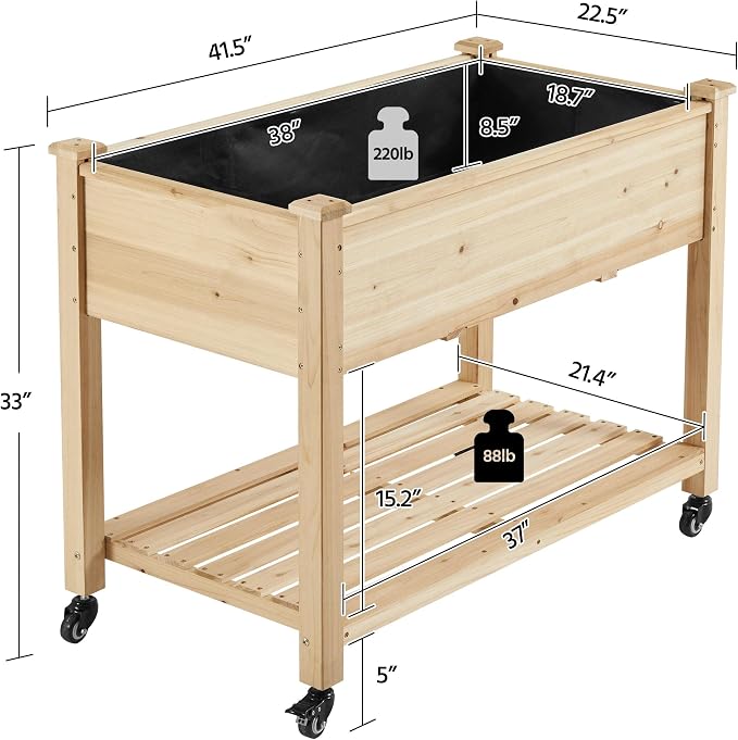 Topeakmart Solid Wooden Raised Garden Bed Vegetable Elevated Planter Kit Grow Gardening Box with Legs Storage Shelf & Wheels, 42x23x33in