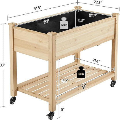 Topeakmart Solid Wooden Raised Garden Bed Vegetable Elevated Planter Kit Grow Gardening Box with Legs Storage Shelf & Wheels, 42x23x33in