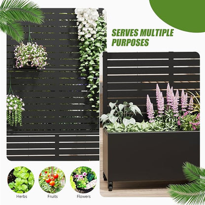 Casaphoria Metal Raised Garden Bed with Trellis and Wheels, 72"x47"x16" Planter Box for Climbing Plants, Vegetables & Vines, Features Drainage Holes and Privacy Screen (Black-Louver)