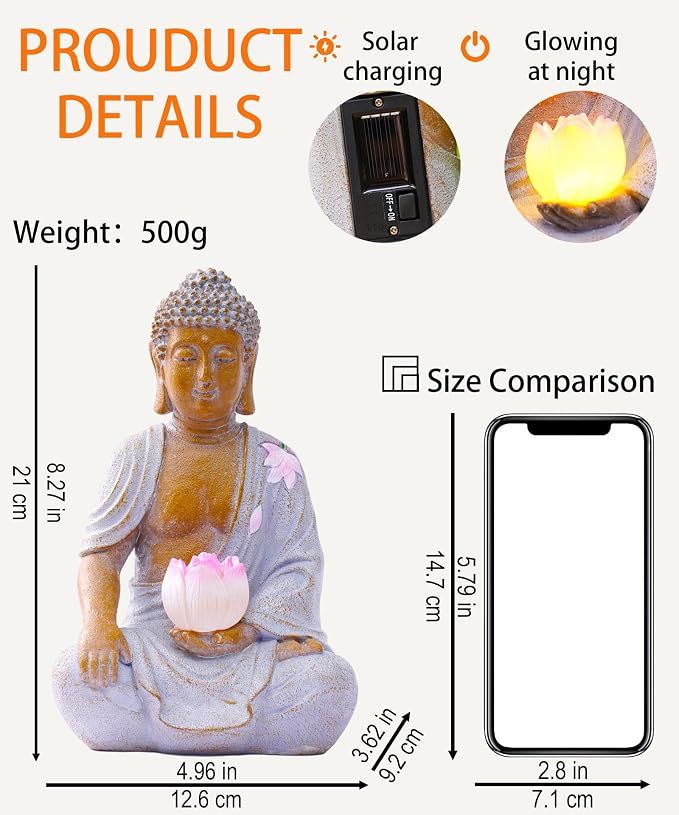 Nacome Solar Buddha Garden Statue Decor: Sitting Resin Figurine with Lotus Flower Light Zen Sculpture for Patio Lawn Yard Porch Balcony Meditation Space - 8.3 inches(White)
