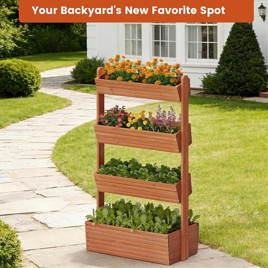 GHWIE Wooden Garden Planter Box, Raised Bed with Vertical Plant Rack, Indoor Outdoor Flower Herb Vegetable Stand (Reddish-Brown, 4 Tier)