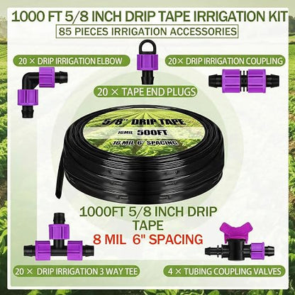 Tondiamo 1000' 5/8 Inch Drip Tape Irrigation Tubing Kit 8 Mil 6" Spacing Garden Hose Watering Tube Line Automatic Equipment for Garden Irrigation System Farms, Landscape, Lawn