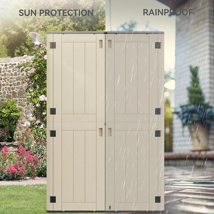 YITAHOME 60 cuft Vertical Outdoor Storage Shed with Shelf, Large Waterproof Storage Cabinet for Garden Shed, Tall Outdoor Storage Shed for Garage, Pool Storage, Resin, Lockable, Khaki & Brown