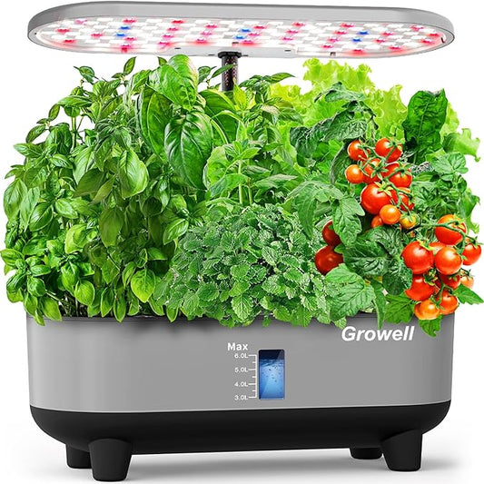 Growell Hydroponics Growing System Kit, 16 Pods Indoor Garden with 28W Full Spectrum LED Grow Light, Auto Timer, 3 Smart Light Modes, 8L Large Herb Garden, Ideal Gardening Gift for Women, Men (Gray)