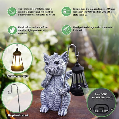 Qeeman Solar Dragon for Garden Decor: Weatherproof Resin Statues | Warm Glow Lantern Outdoor Decoractions for Yard Pathway Patio Porch Balcony Front, Gifts for Mom Grandma Lovers