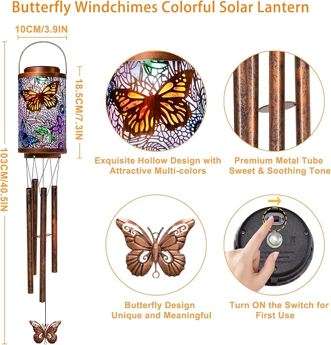 Butterfly Solar Wind Chimes for Outside, Garden Gifts for Mom, Solar Lanterns Outdoor Decor Lights for Balcony, Patio, Yard,Birthday Gifts for Women Grandma Dad (1Pack)
