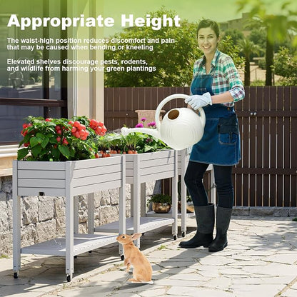 Elevated Raised Garden Bed with Wheels,Outdoor Large Resin Patio Planter Box Stand Divisible with Drain Plug,Water Monitor for Plants Vegetables Flowers Fruits(Ashen)