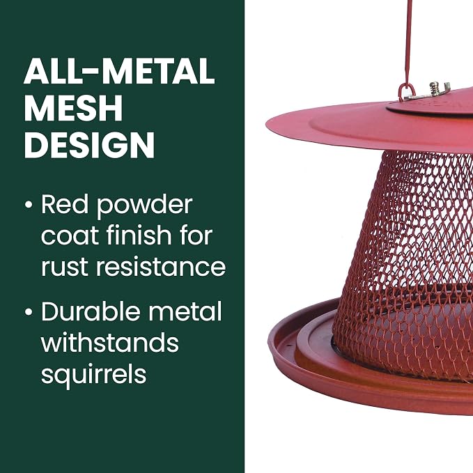 Perky-Pet Red Cardinal Wild Bird Feeder, 2.5 lb Seed Capacity | Holds Up to 15 Birds Simultaneously, Metal Hanging Feeder for Outdoors, Mesh Design, Built-In Hook & Circular Tray, C00322